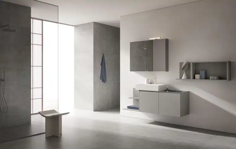 Compab BK12 - Mobile bagno sospeso personalizzabile, dettaglio frontale cassetti con maniglia a gola, stile minimal