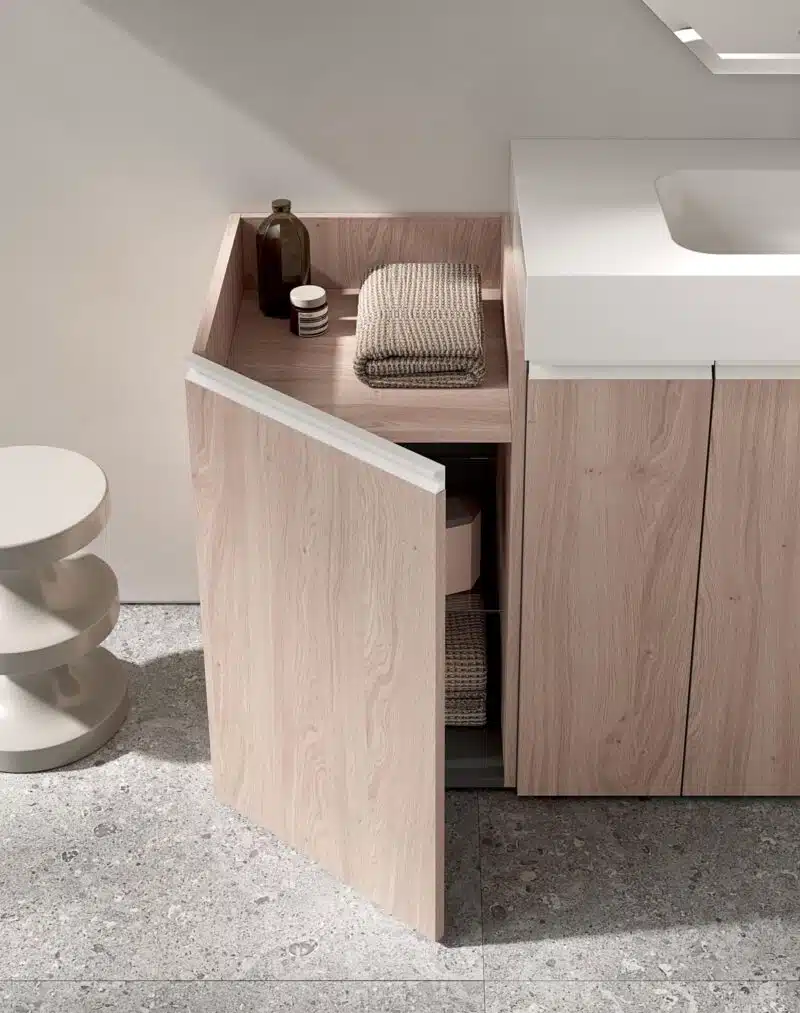 Design COMPAB BK11 - mobile bagno sospeso con cassetti, texture legno scuro, vista laterale