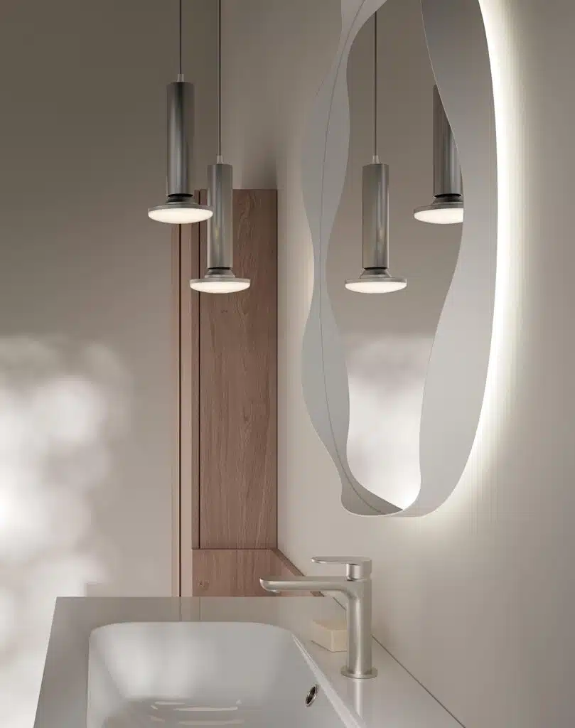 Compab BK15: mobile bagno sospeso crunchy. Dettaglio lavabo integrato e rubinetteria.