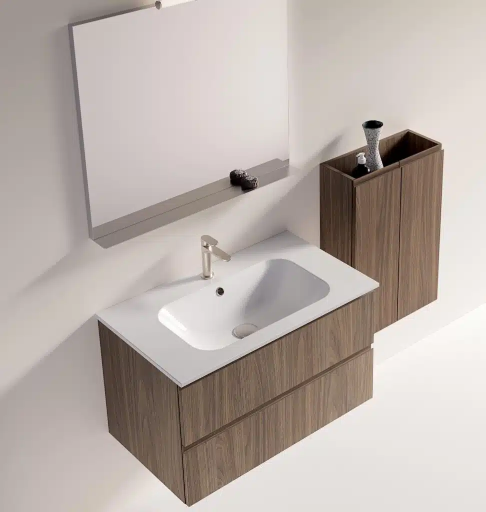 Mobile Bagno Compab MM01 Mini-mo: vista frontale, design moderno, finitura bianca lucida, cassetti.