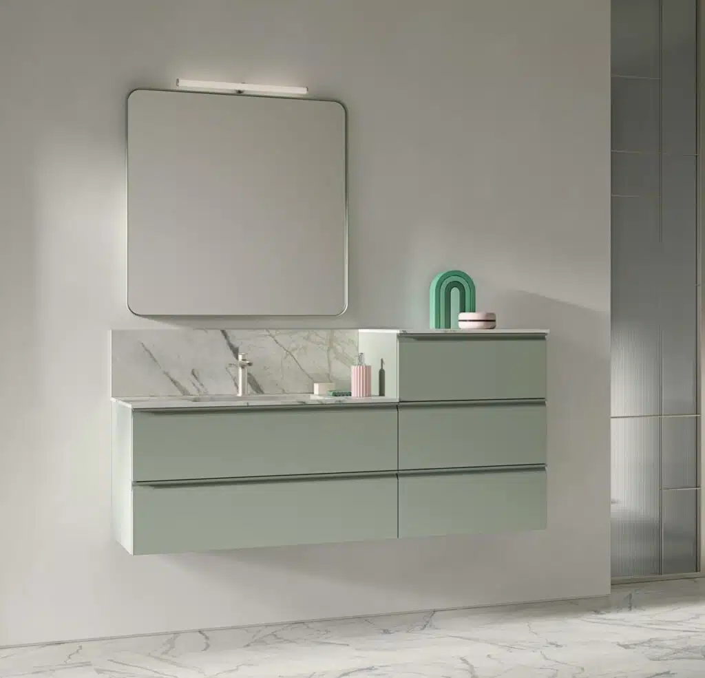 Mobile bagno COMPAB BK14: design moderno sospeso, vista frontale con lavabo integrato e cassetti effetto legno. Arredo bagno personalizzabile.