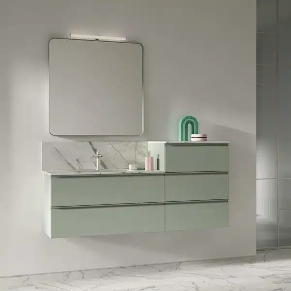 Mobile bagno COMPAB BK14: design moderno sospeso, vista frontale con lavabo integrato e cassetti effetto legno. Arredo bagno personalizzabile.