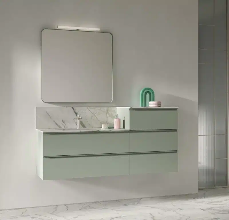 Mobile bagno COMPAB BK14: design moderno sospeso, vista frontale con lavabo integrato e cassetti effetto legno. Arredo bagno personalizzabile.
