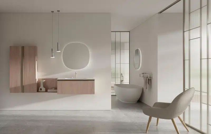 Compab BK15: mobile bagno sospeso con lavabo integrato, finitura crunchy. Dettaglio texture.