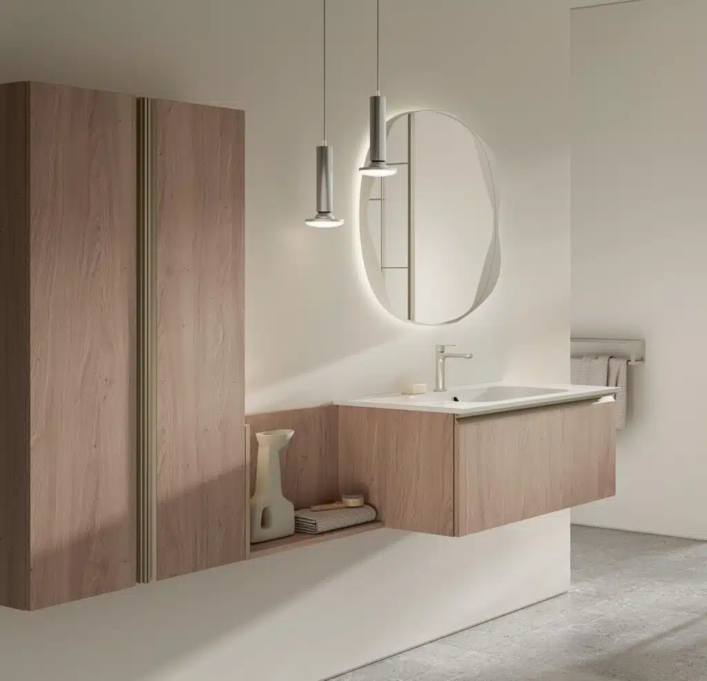 Mobile Bagno Compab BK15: design sospeso moderno, finitura crunchy. Vista frontale completa.