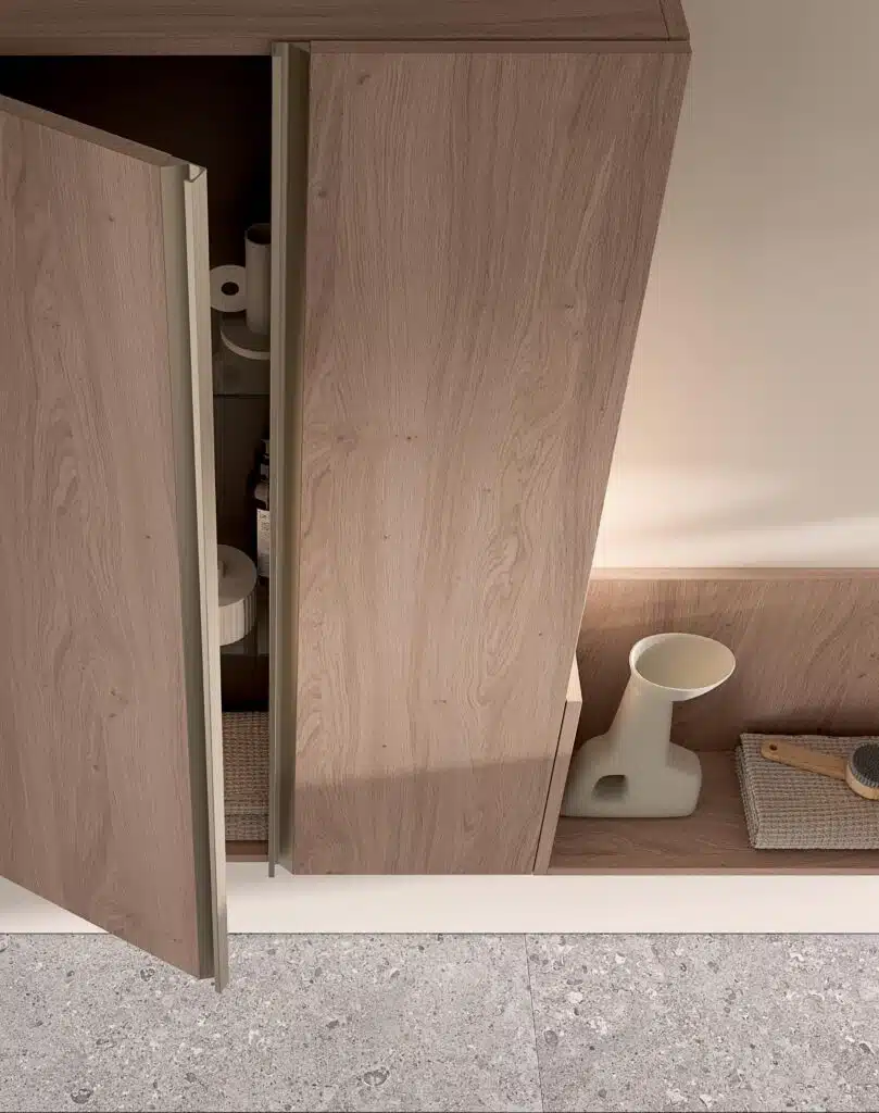 Mobile bagno Compab BK15: design moderno. Dettaglio chiusura soft-close dei cassetti.