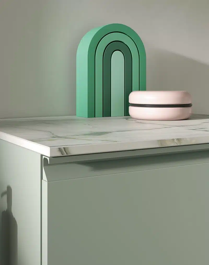 COMPAB BK14: dettaglio maniglie gola integrate e finitura materica dei cassetti. Mobili bagno di qualità e design. Personalizzabile.