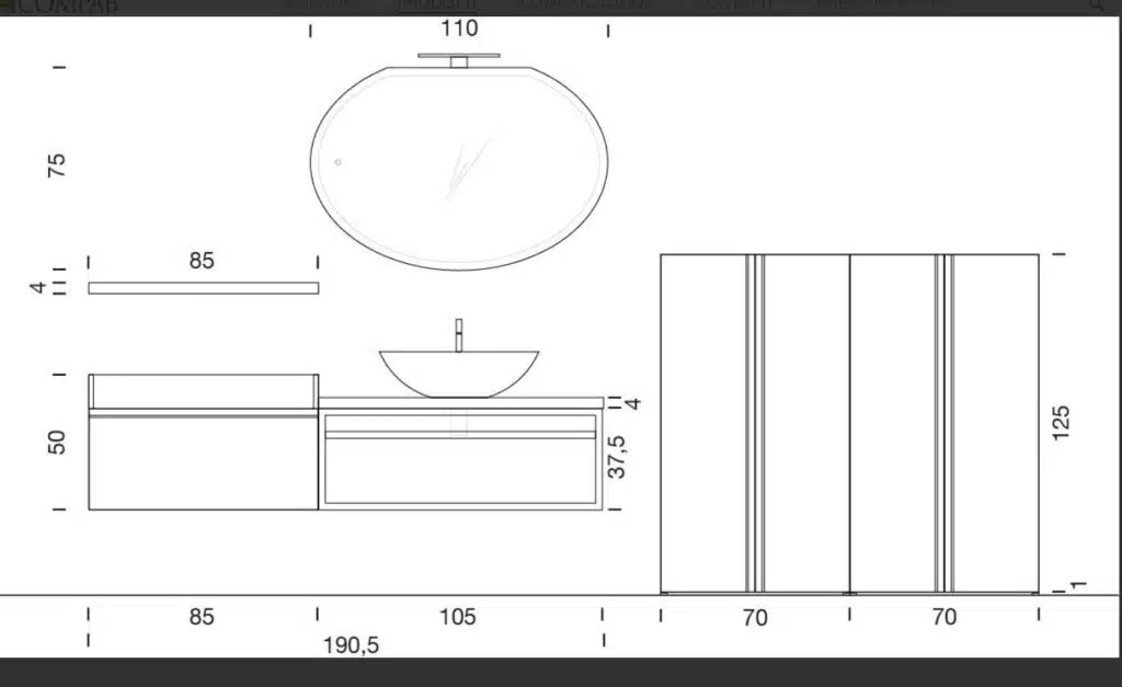 Mobile Bagno Compab IPE IP05: design moderno personalizzabile, lavabo integrato, finitura legno chiaro, specchio rotondo.