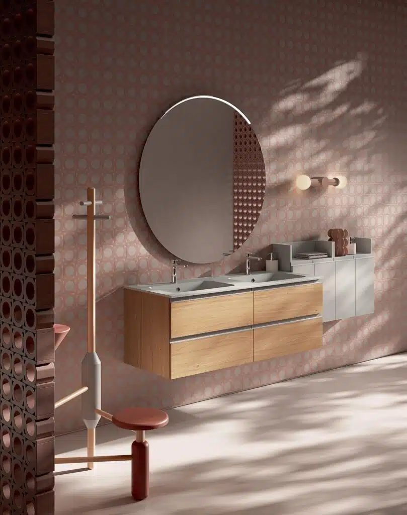 Mobile Bagno Compab IPE IP11 moderno sospeso, vista frontale. Design minimalista, lavabo integrato, finitura legno.