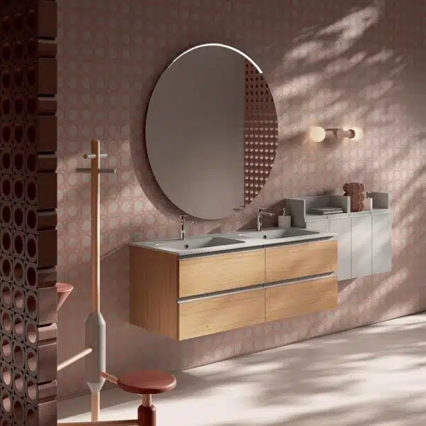 Mobile Bagno Compab IPE IP11 moderno sospeso, vista frontale. Design minimalista, lavabo integrato, finitura legno.