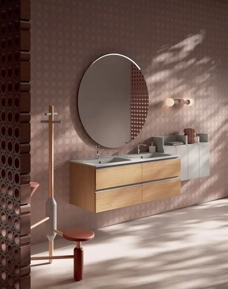 Mobile Bagno Compab IPE IP11 moderno sospeso, vista frontale. Design minimalista, lavabo integrato, finitura legno.