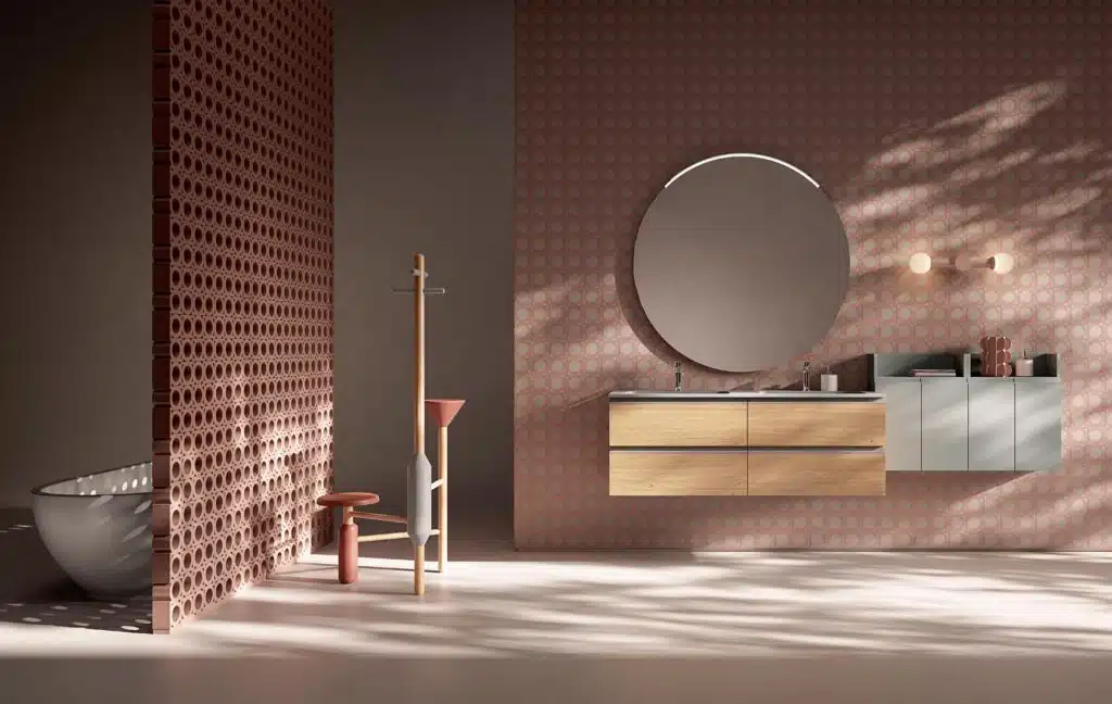Mobile bagno Compab IPE IP11, vista laterale. Cassetti con maniglia a gola, spazio contenitivo, design pulito.