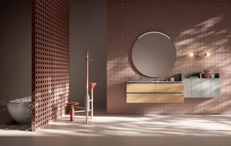 Mobile bagno Compab IPE IP11, vista laterale. Cassetti con maniglia a gola, spazio contenitivo, design pulito.