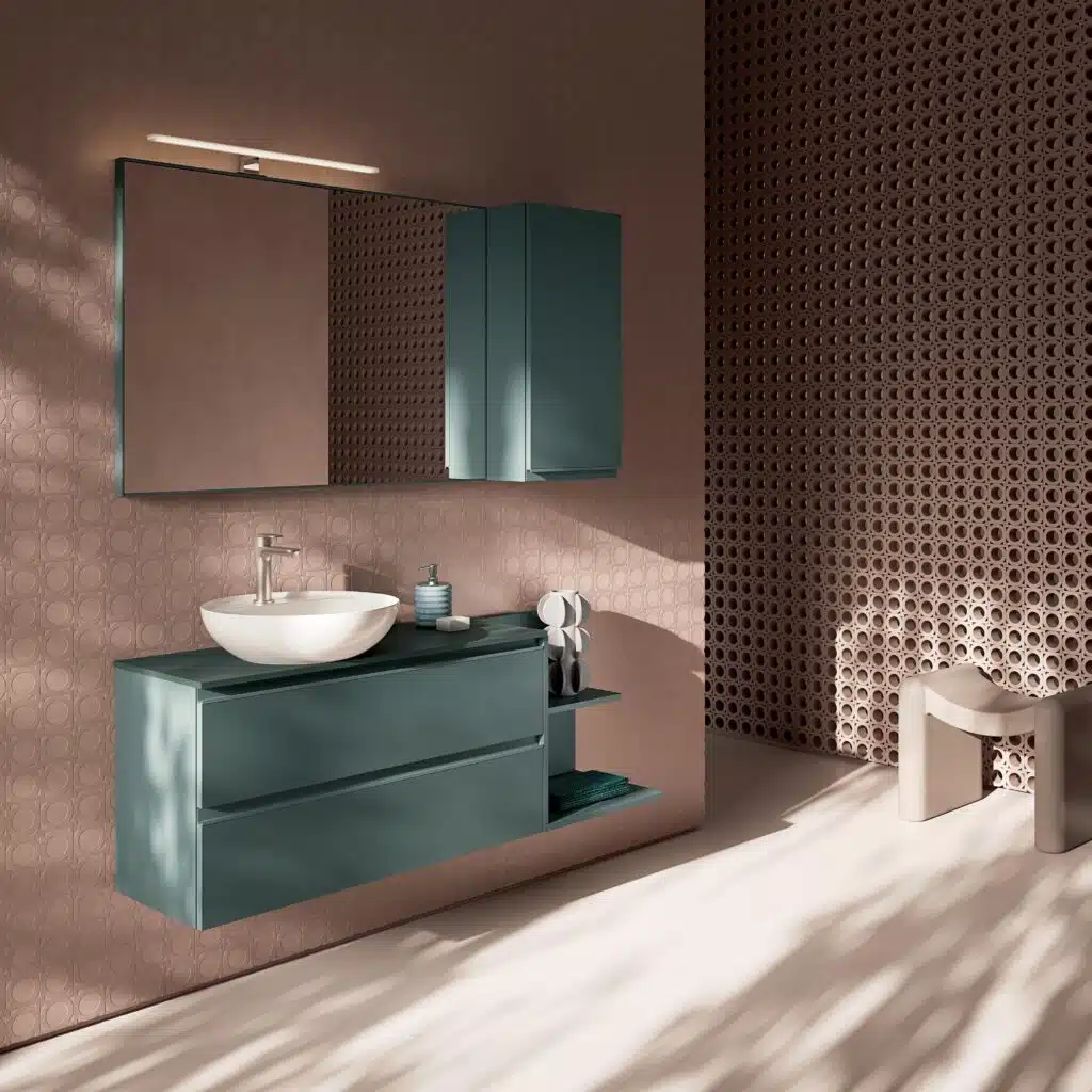 Mobile bagno Compab IP17 - dettaglio lavabo doppio in gres, rubinetteria design, finitura materica