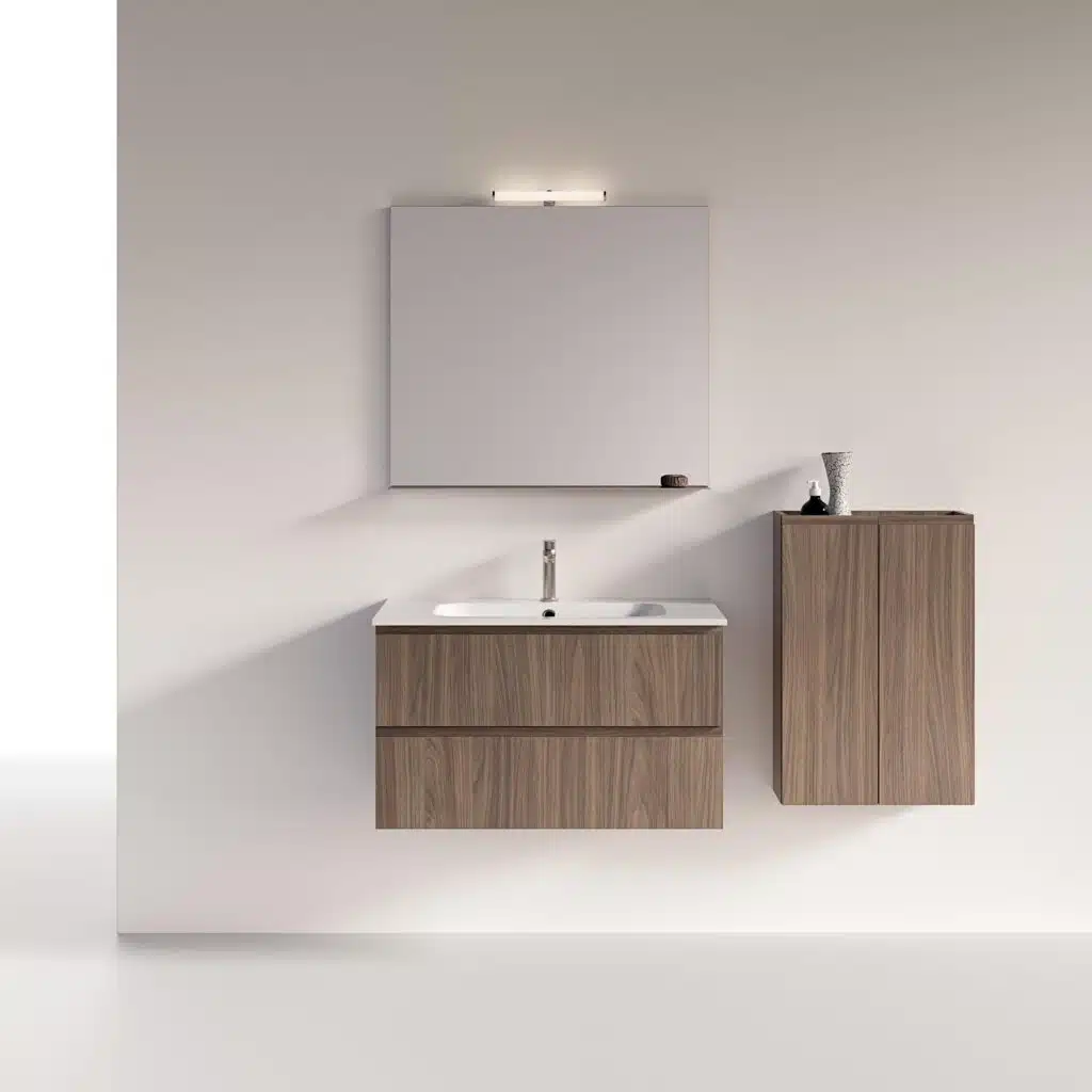 Compab MM01 Mini-mo: vista laterale, mobile bagno sospeso salvaspazio, personalizzabile, ante e cassetti.