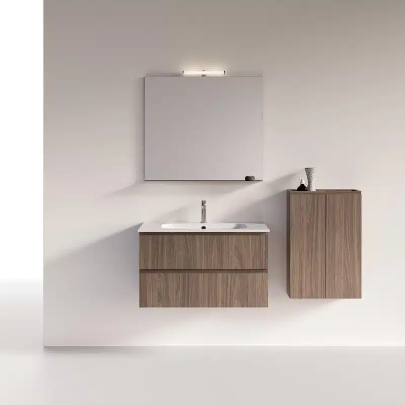 Compab MM01 Mini-mo: vista laterale, mobile bagno sospeso salvaspazio, personalizzabile, ante e cassetti.