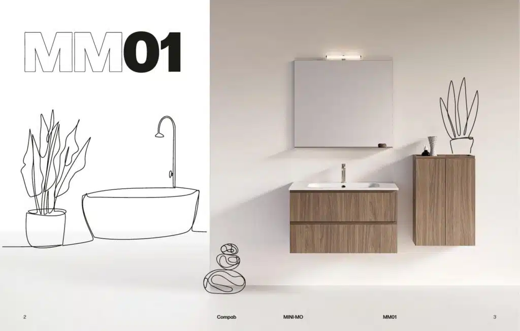 Mobile Bagno Compab MM01 Mini-mo: ambientazione bagno moderno, specchio rotondo, illuminazione LED.