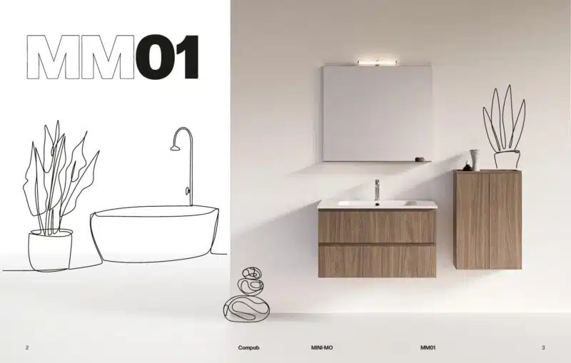 Mobile Bagno Compab MM01 Mini-mo: ambientazione bagno moderno, specchio rotondo, illuminazione LED.