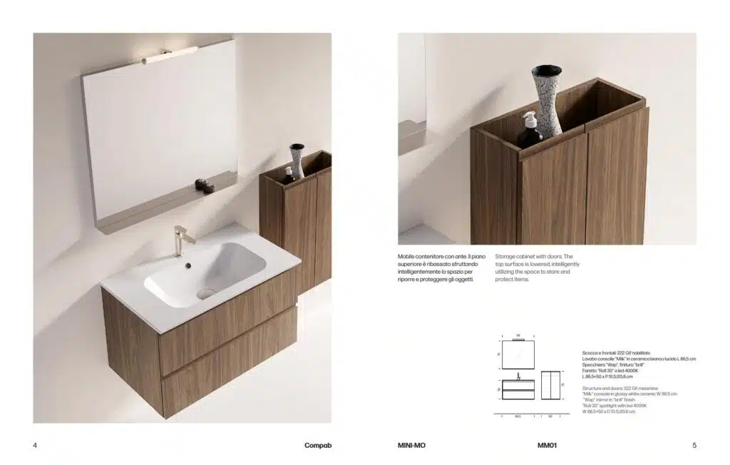 Compab MM01 Mini-mo: dettaglio lavabo integrato in ceramica bianca, rubinetto nero opaco, top minimalista.