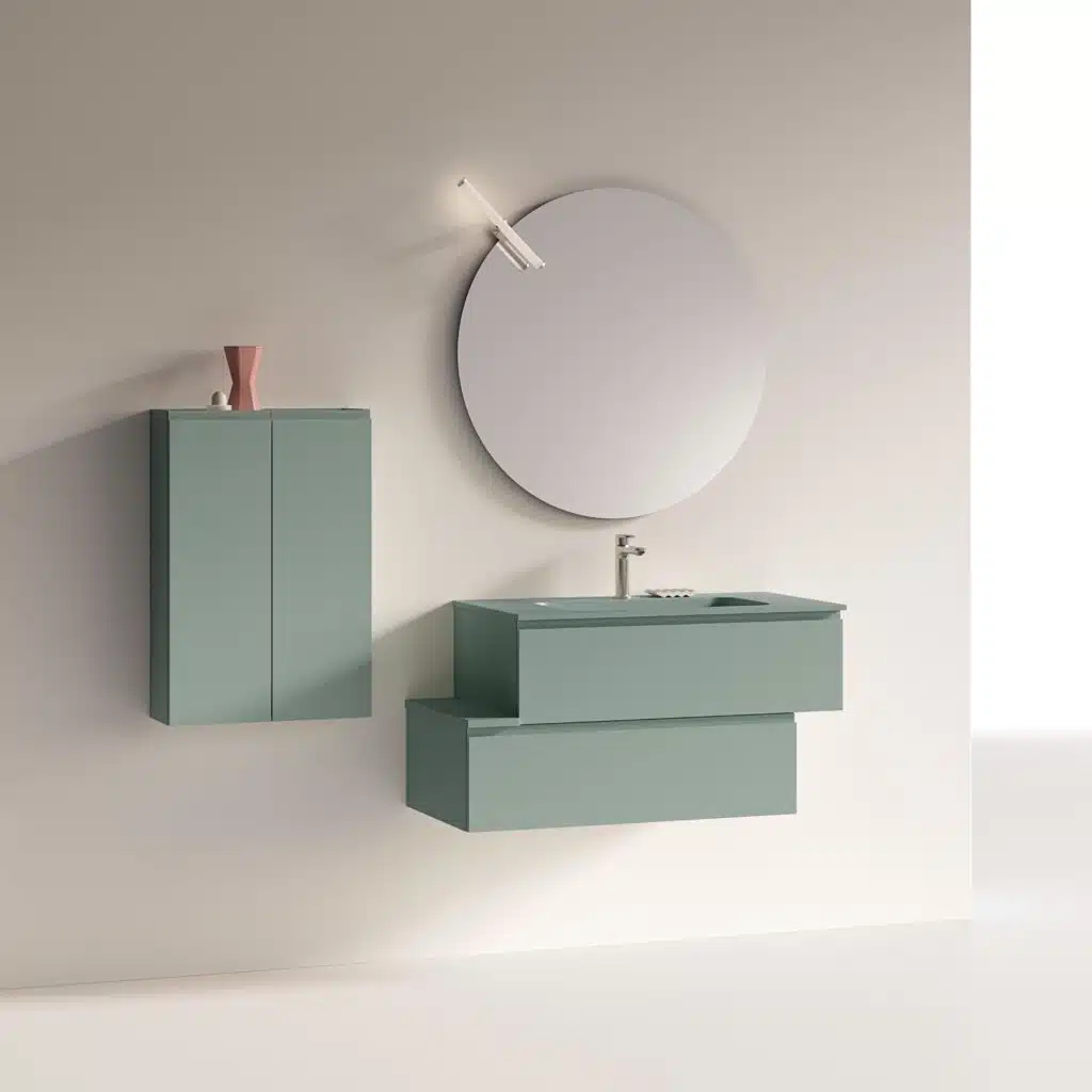 Dettaglio COMPAB MM06, lavabo integrato in ceramica bianca, finitura legno chiaro