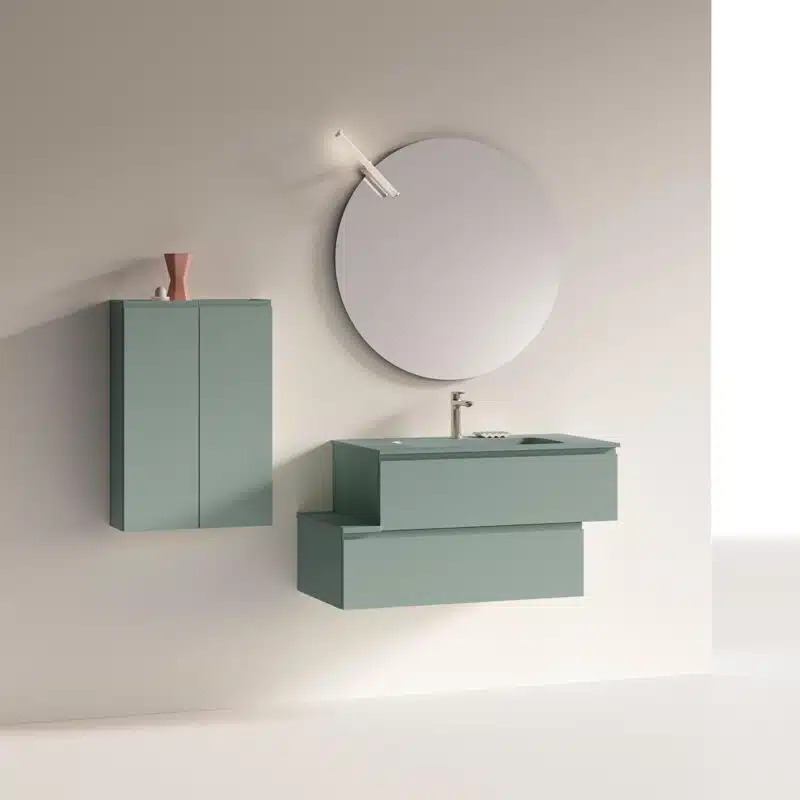 Dettaglio COMPAB MM06, lavabo integrato in ceramica bianca, finitura legno chiaro