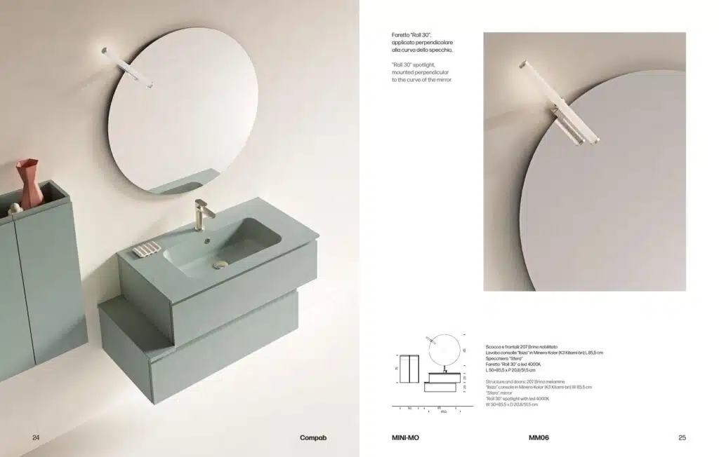Mobile bagno sospeso COMPAB MM06 in ambiente moderno, specchio rotondo, illuminazione LED