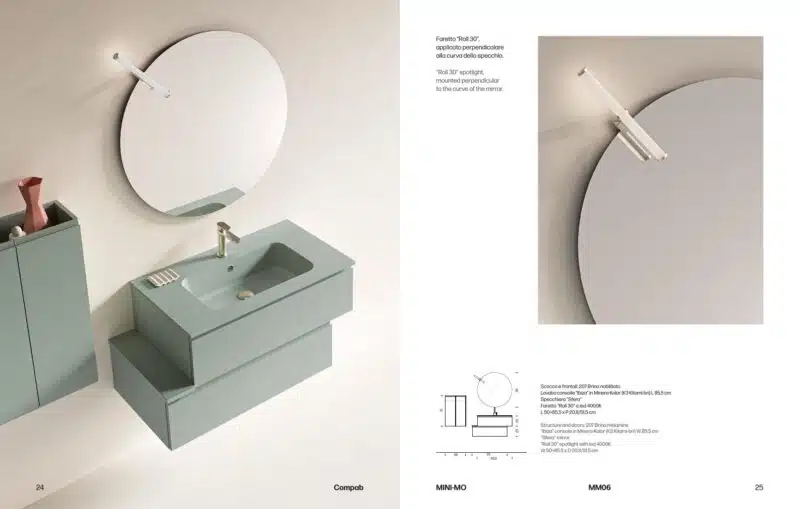 Mobile bagno sospeso COMPAB MM06 in ambiente moderno, specchio rotondo, illuminazione LED
