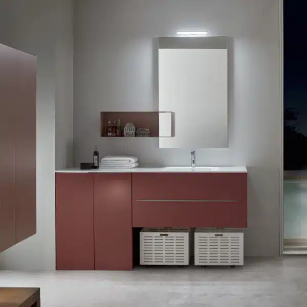 Arredo lavanderia con panca multifunzione I-WASH 03 di ARCOM in finitura Laccato Porpora Opaco.