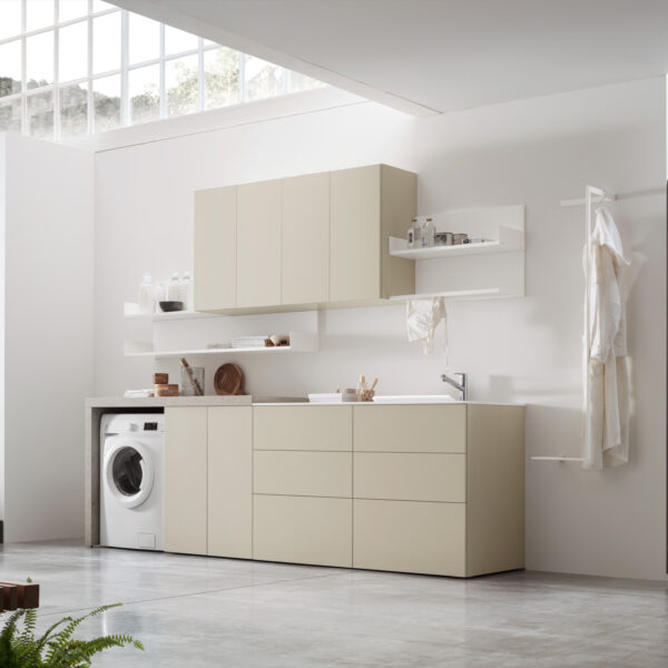 Arredo lavanderia con stendibiancheria integrato I-WASH 04 di ARCOM finitura Laccato Juta Opaco.