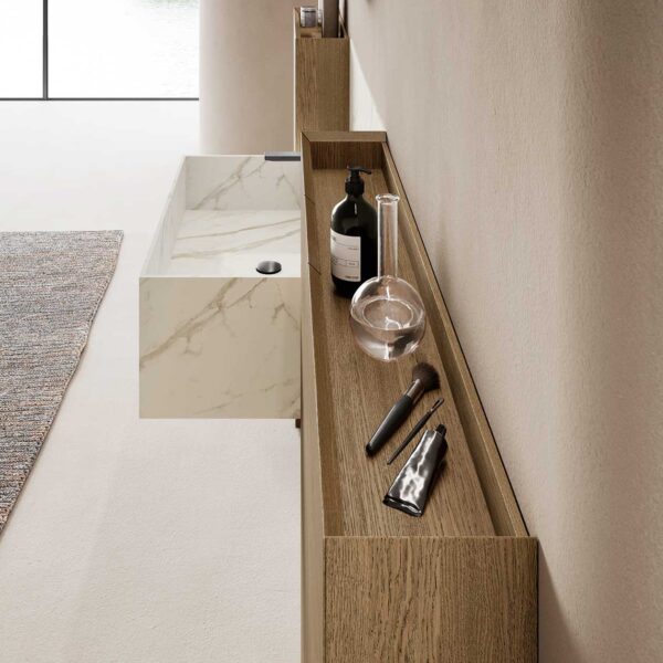 Mobile Bagno Lavabo Monolite Baxar Wally design italiano - vista frontale, marmo bianco, legno scuro