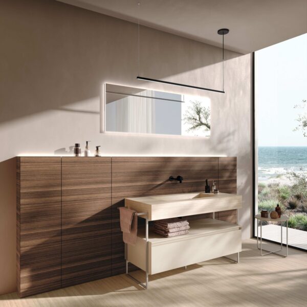 Mobile Bagno Baxar M3 Wally design moderno - vista frontale completa con boiserie e lavabo integrato, arredo bagno contemporaneo.