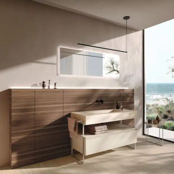 Mobile Bagno Baxar M3 Wally design moderno - vista frontale completa con boiserie e lavabo integrato, arredo bagno contemporaneo.