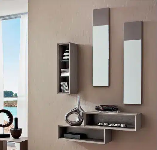 Mobile ingresso Lego 603 La Primavera, composizione sospesa con elementi a giorno Tortora e specchi.