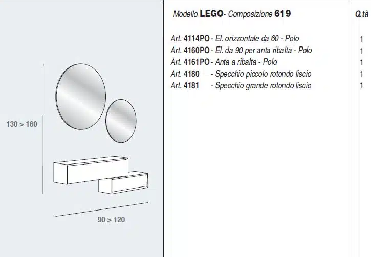 Mobile Ingresso La Primavera LEGO 619 - Design Mod - vista frontale, specchi rotondi, arredo ingresso moderno