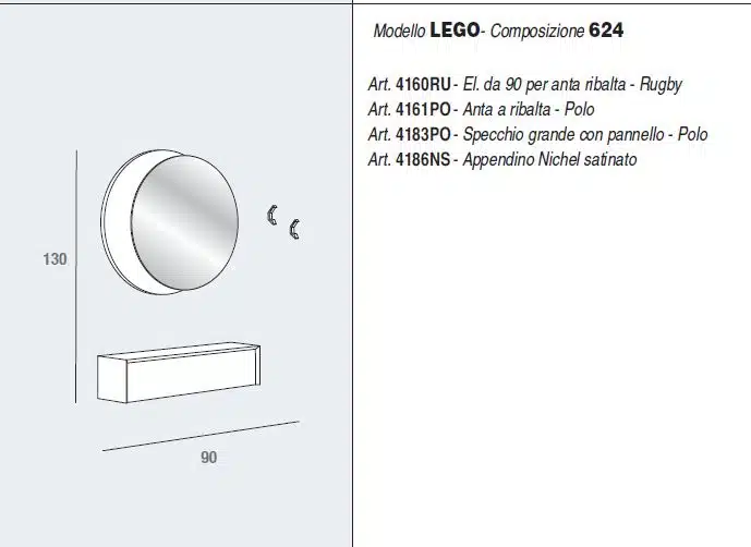 Disegno tecnico mobile ingresso moderno con specchio tondo, mensola e appendini.
