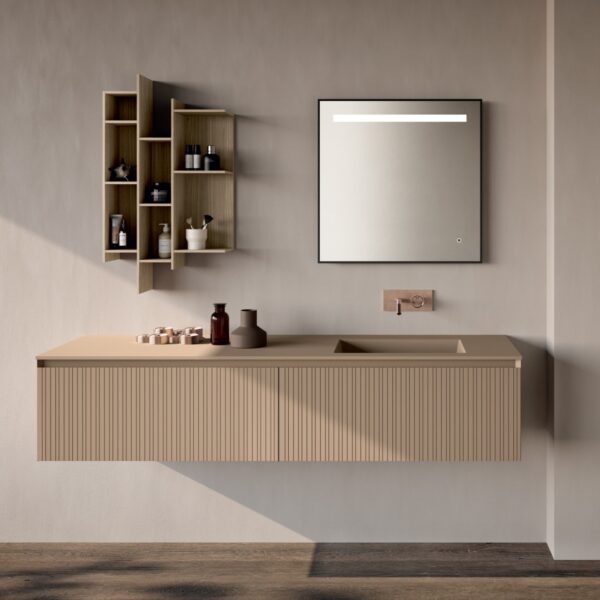Mobile bagno cannettato Composizione 305 di Baxar Azzurra, con finitura Laccato Terra opaco e top in Tekcolor Matt.