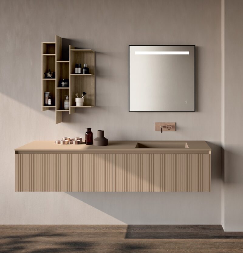 Mobile bagno cannettato Composizione 305 di Baxar Azzurra, con finitura Laccato Terra opaco e top in Tekcolor Matt.