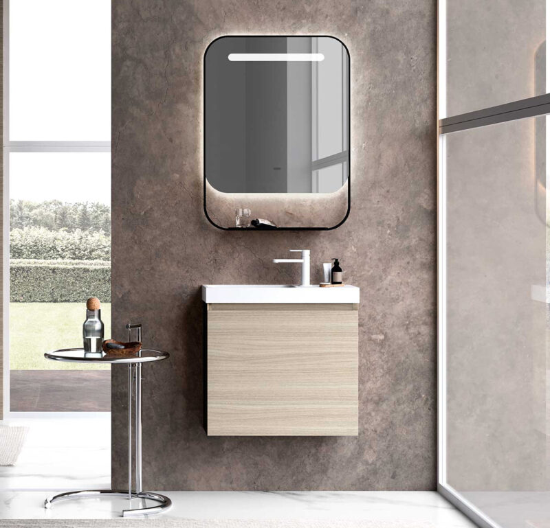 Lavamani di design Composizione 314 di Baxar Azzurra, con base in finitura Noce Rigato Chiaro e lavabo THEO in Deimos Bianco.