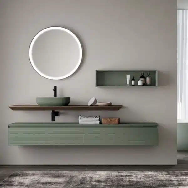 Mobile bagno Baxar M3 System, design italiano cannettato, vista frontale. Arredo bagno moderno.