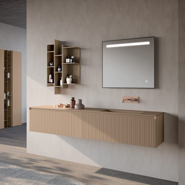 Mobile bagno cannettato M3 System Baxar, design moderno, vista frontale lavabo integrato, finitura legno naturale