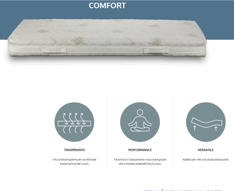 Scopri Comfort, il materasso in lattice naturale a 7 zone differenziate. Anallergico, traspirante e di qualità Made in Italy per un riposo salutare e rigenerante.