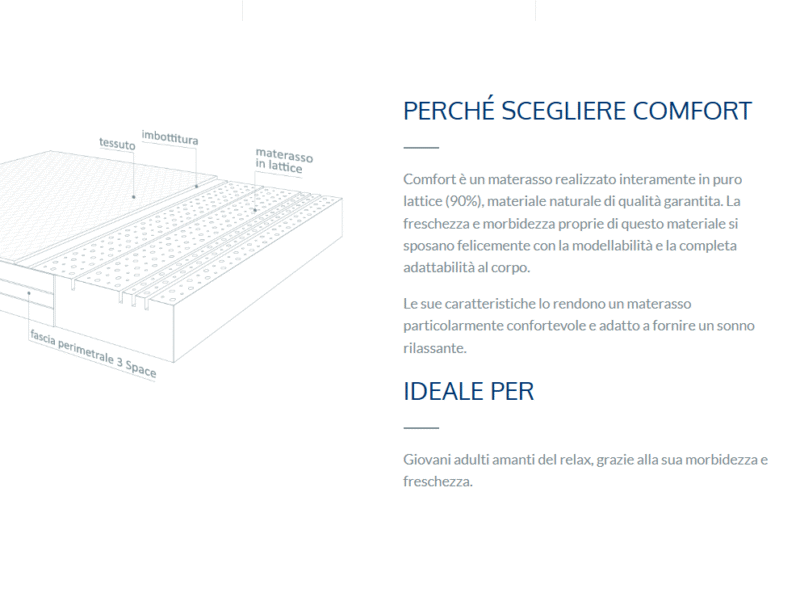 Scopri Comfort, il materasso in lattice naturale a 7 zone differenziate. Anallergico, traspirante e di qualità Made in Italy per un riposo salutare e rigenerante.