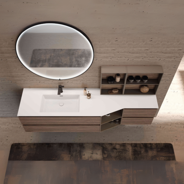 Mobile bagno con maniglia integrata Surf di Baxar Azzurra, con finitura Noce Rigato Canaletto Naturale e top in Tekorlux.