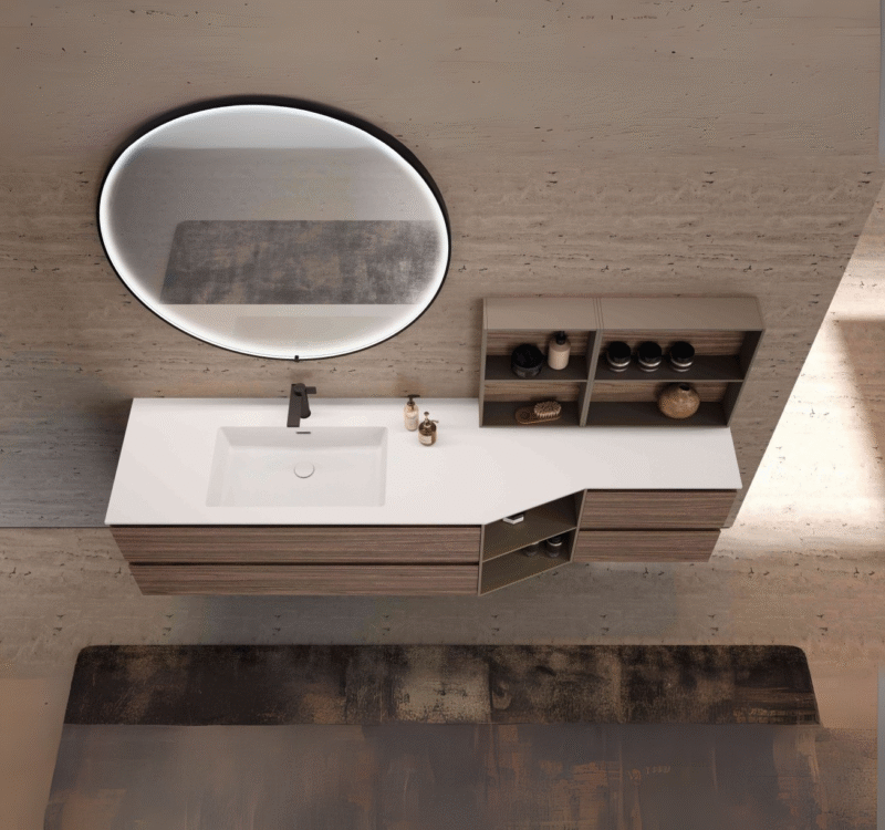 Mobile bagno con maniglia integrata Surf di Baxar Azzurra, con finitura Noce Rigato Canaletto Naturale e top in Tekorlux.
