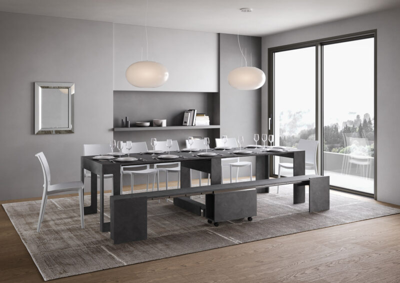 Consolle allungabile 90x42/302 cm Evolve antracite spatolato allunghe interne con panca inferiore - immagine 4
