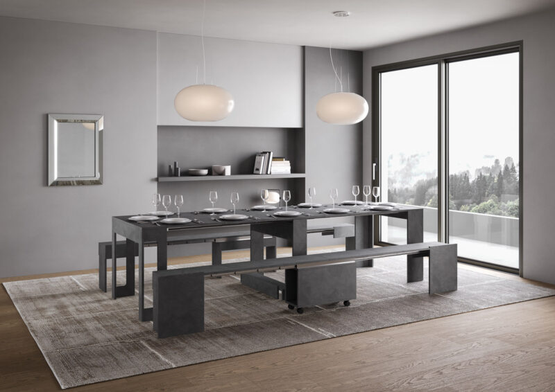 Consolle allungabile 90x42/302 cm Evolve antracite spatolato allunghe interne con panca inferiore e superiore - immagine 4