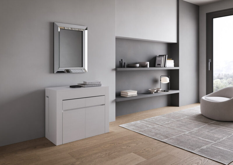 Consolle allungabile 90x42/302 cm Evolve bianco frassino allunghe interne con panca inferiore e superiore - immagine 3