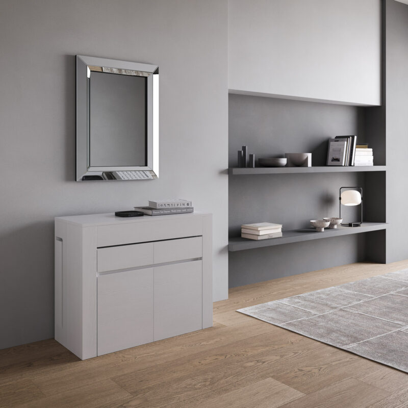 Consolle allungabile 90x42/302 cm Evolve bianco frassino allunghe interne con panca inferiore e superiore - immagine 2
