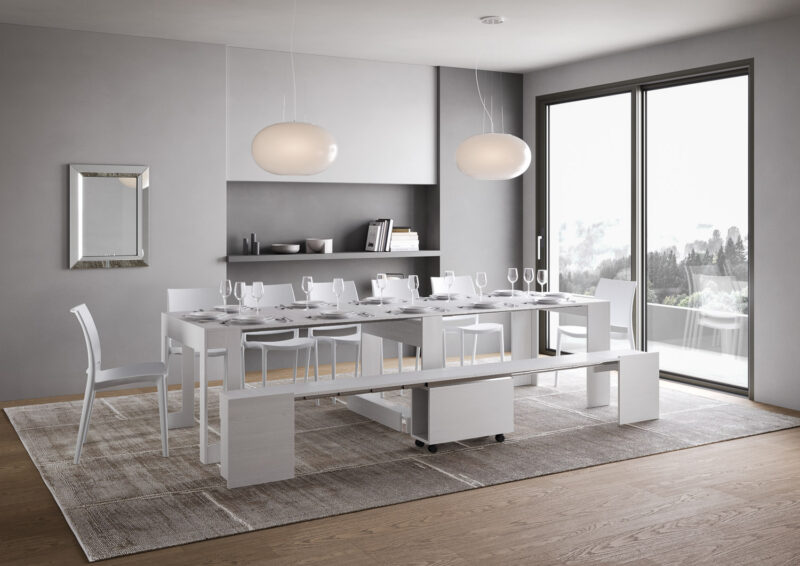 Consolle allungabile 90x42/302 cm Evolve bianco frassino allunghe interne con panca inferiore - immagine 4