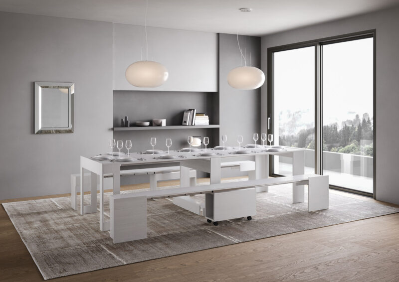 Consolle allungabile 90x42/302 cm Evolve bianco frassino allunghe interne con panca inferiore e superiore - immagine 4